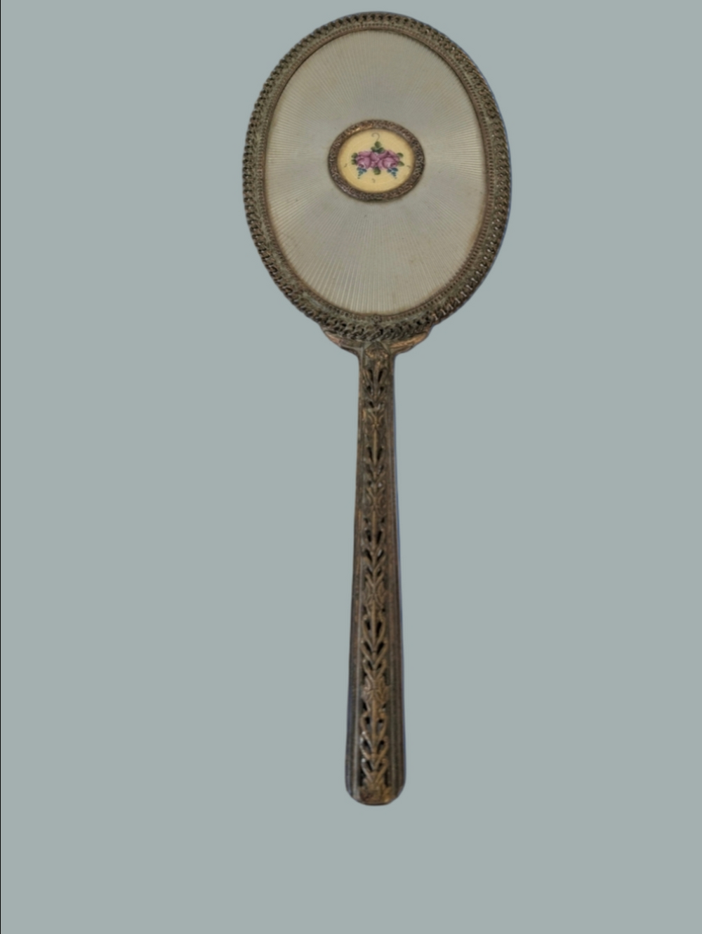 Vintage  Hand Mirror Rose Floral Motif Gold Finish